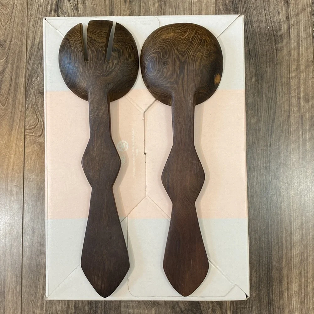 Vintage Rustic Hand Carved Wood Salad Servers Fork and Spoon 12” long